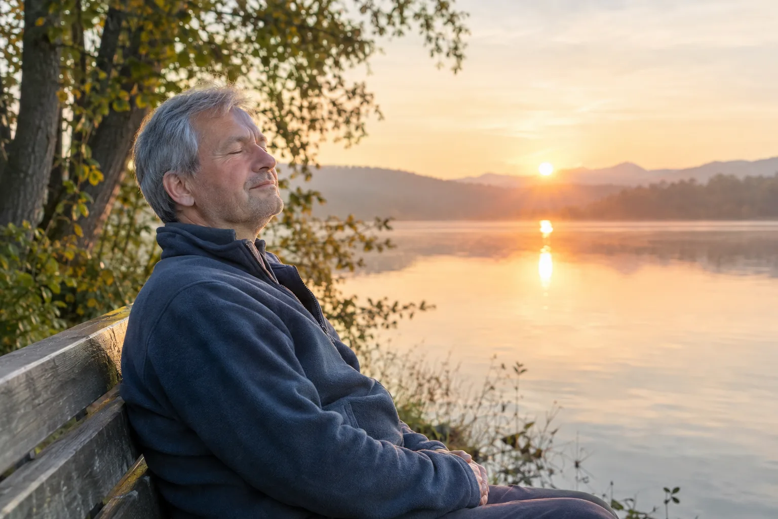 Mann sitzt ruhig am See